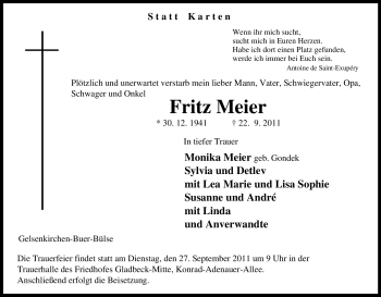 Traueranzeige von Fritz Meier von Tageszeitung