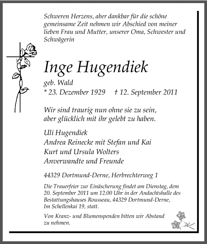  Traueranzeige für Inge Hugendiek vom 15.09.2011 aus Tageszeitung