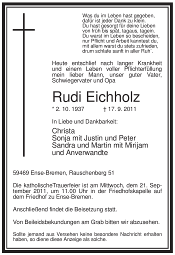Traueranzeige von Rudi Eichholz von Tageszeitung