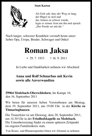 Traueranzeige von Roman Jaksa von Tageszeitung