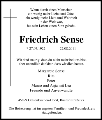 Traueranzeige von Friedrich Sense von Tageszeitung
