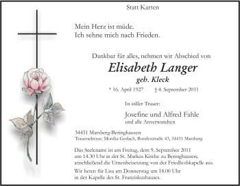 Traueranzeige von Elisabeth Langer von Tageszeitung