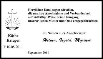 Traueranzeige von Käthe Krieger von Tageszeitung