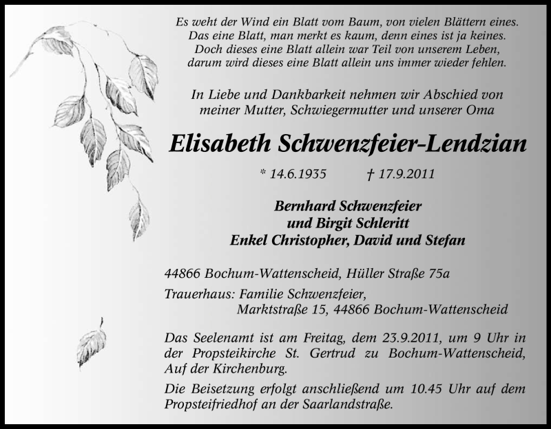  Traueranzeige für Elisabeth Schwenzfeier-Lendzian vom 21.09.2011 aus Tageszeitung