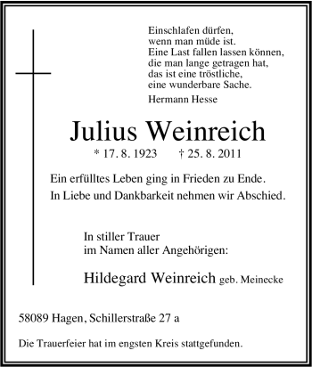 Traueranzeige von Julius Weinreich von Tageszeitung