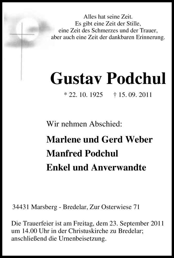  Traueranzeige für Gustav Podchul vom 19.09.2011 aus Tageszeitung