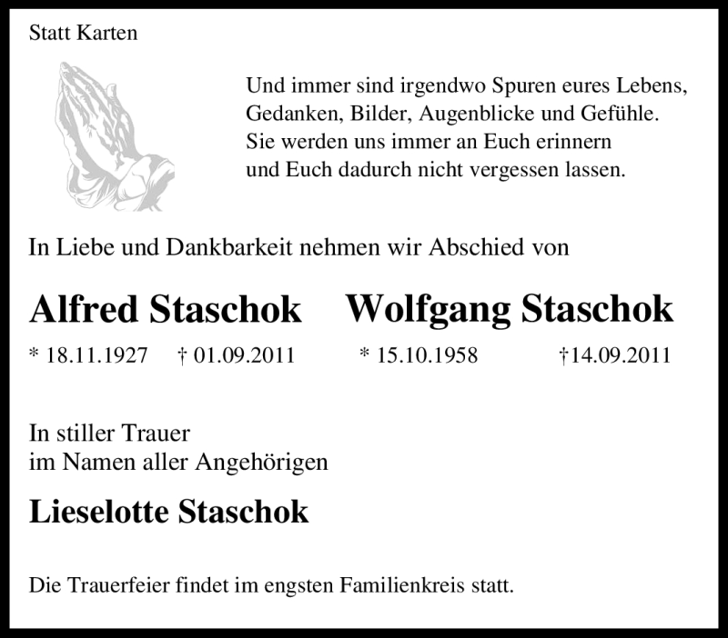  Traueranzeige für Wolfgang Staschok vom 17.09.2011 aus Tageszeitung