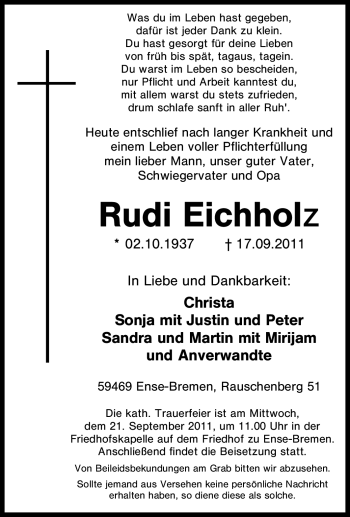 Traueranzeige von Rudi Eichholz von Tageszeitung