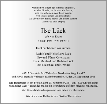 Traueranzeige von Ilse Lück von Tageszeitung