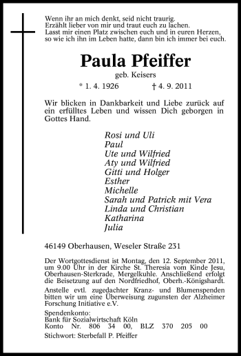 Traueranzeige von Paula Pfeiffer von Tageszeitung