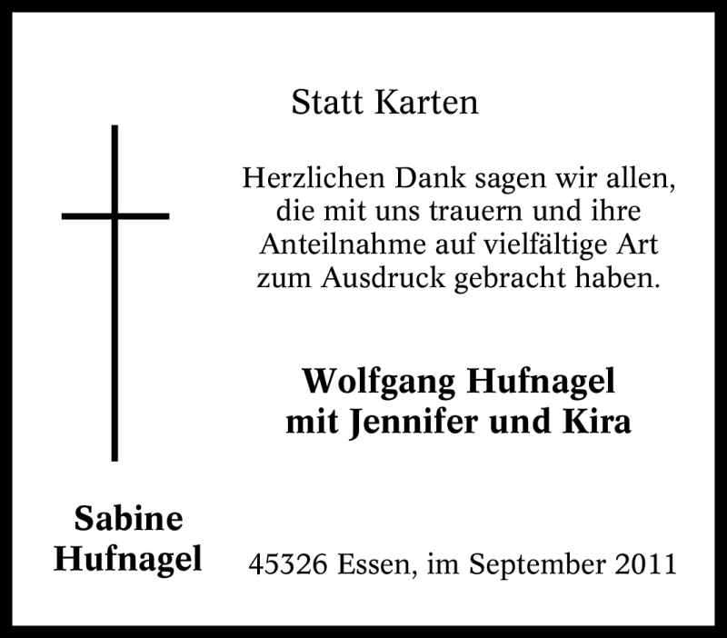  Traueranzeige für Sabine Hufnagel vom 01.09.2011 aus Tageszeitung