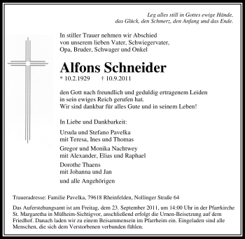 Traueranzeige von Alfons Schneider von Tageszeitung
