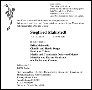 Traueranzeige von Siegfried Mahlstedt von Tageszeitung
