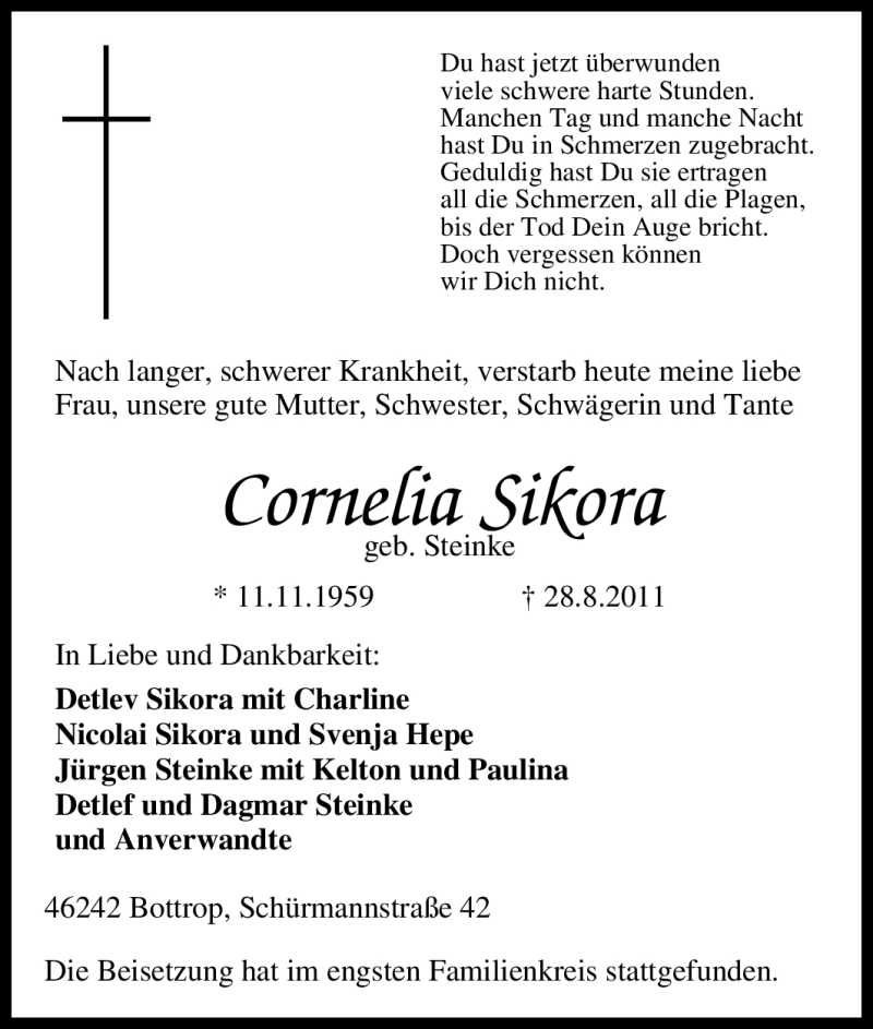  Traueranzeige für Cornelia Sikora vom 10.09.2011 aus Tageszeitung