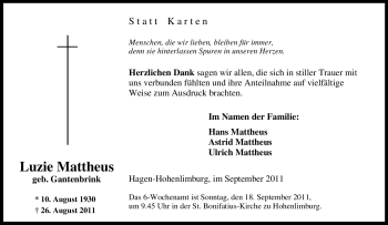 Traueranzeige von Luzie Mattheus von Tageszeitung