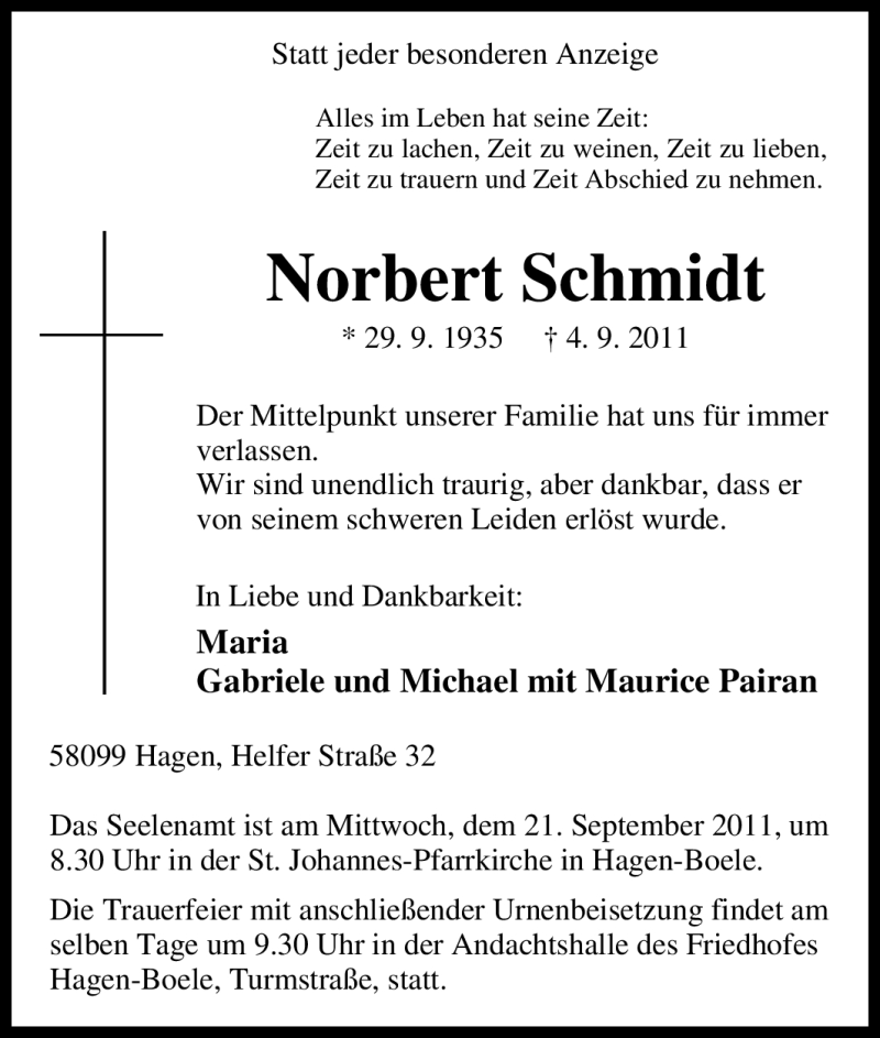  Traueranzeige für Norbert Schmidt vom 17.09.2011 aus Tageszeitung