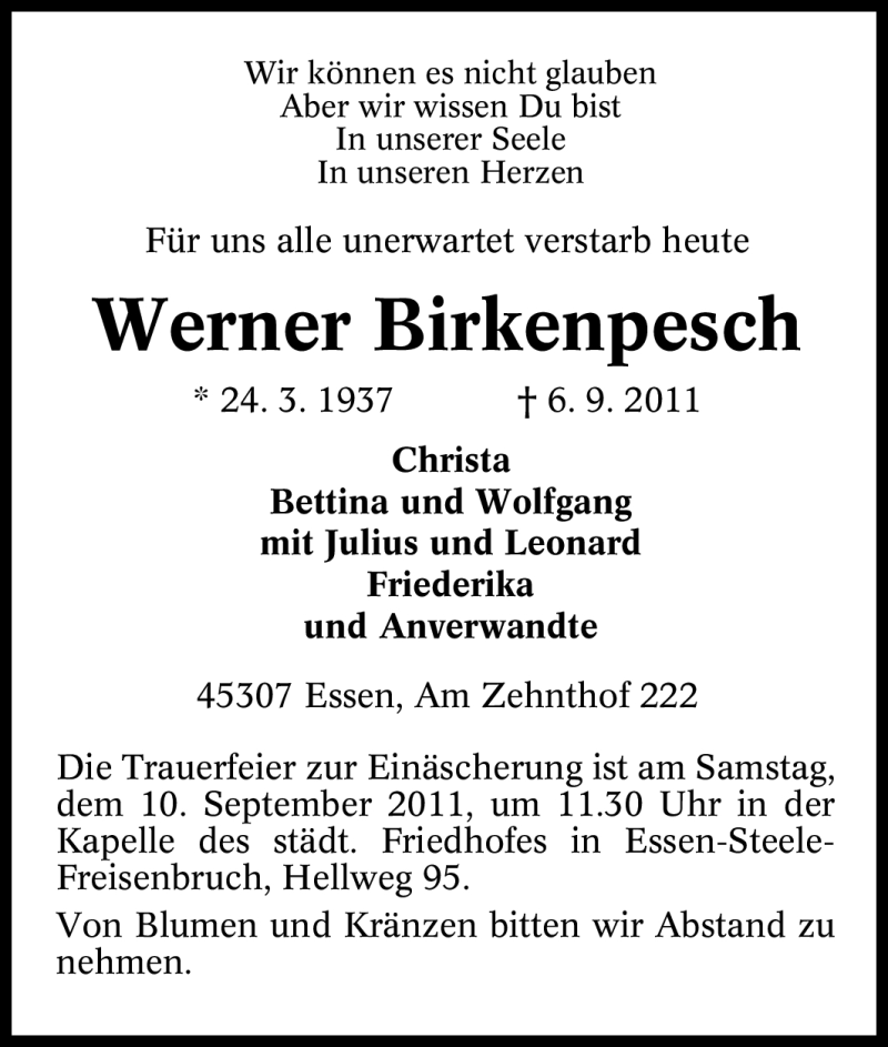  Traueranzeige für Werner Birkenpesch vom 07.09.2011 aus Tageszeitung