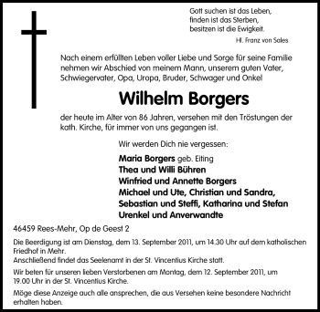 Traueranzeige von Wilhelm Borgers von Tageszeitung