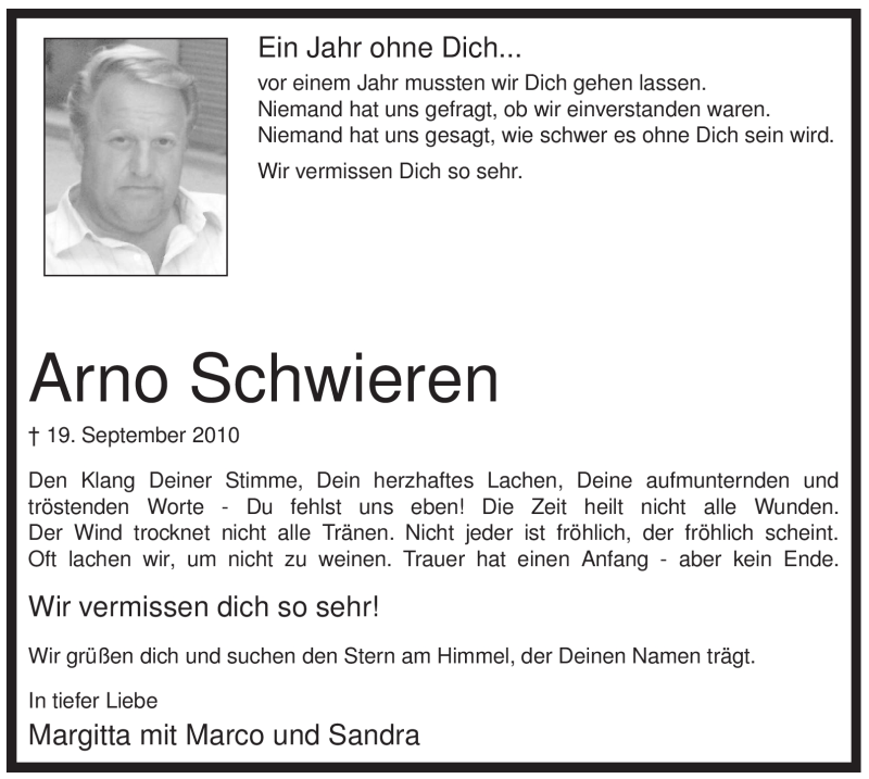  Traueranzeige für Arno Schwieren vom 19.09.2011 aus Tageszeitung