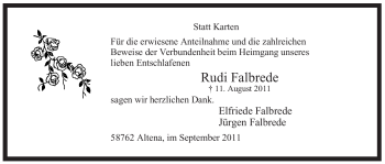 Traueranzeige von Rudi Falbrede von Tageszeitung