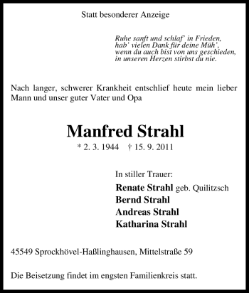 Traueranzeige von Manfred Strahl von Tageszeitung