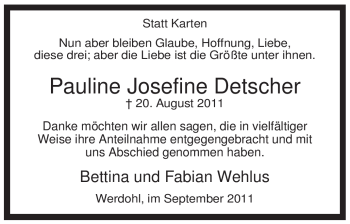 Traueranzeige von Pauline Josefine Detscher von Tageszeitung