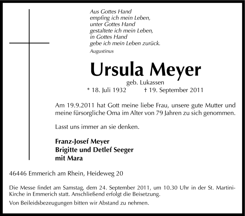  Traueranzeige für Ursula Meyer vom 22.09.2011 aus Tageszeitung