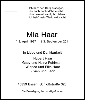 Traueranzeige von Mia Haar von Tageszeitung
