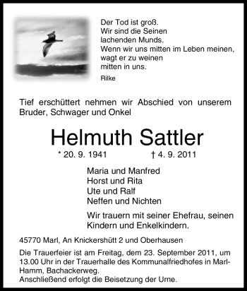 Traueranzeige von Helmuth Sattler von Tageszeitung