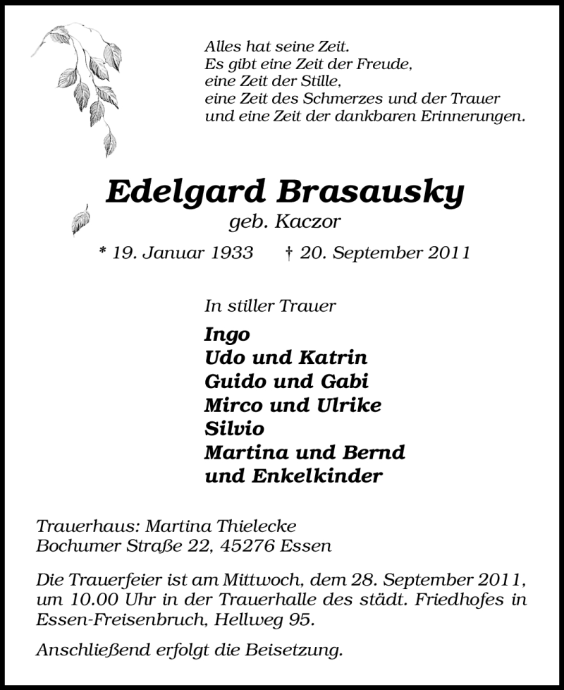 Traueranzeige für Edelgard Brasausky vom 24.09.2011 aus Tageszeitung