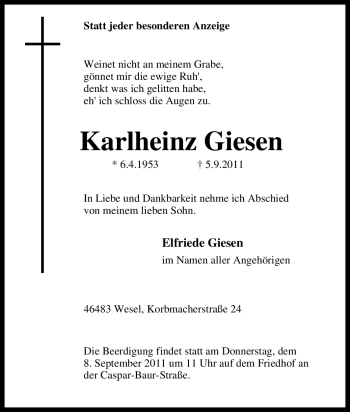 Traueranzeige von Karlheinz Giesen von Tageszeitung