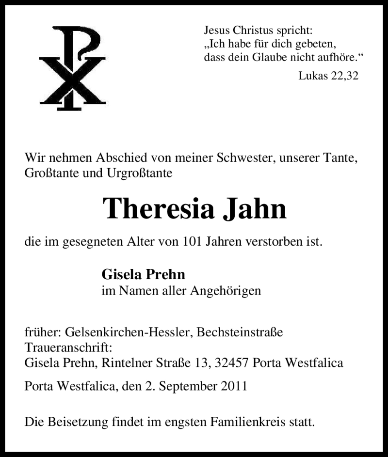  Traueranzeige für Theresia Jahn vom 08.09.2011 aus Tageszeitung