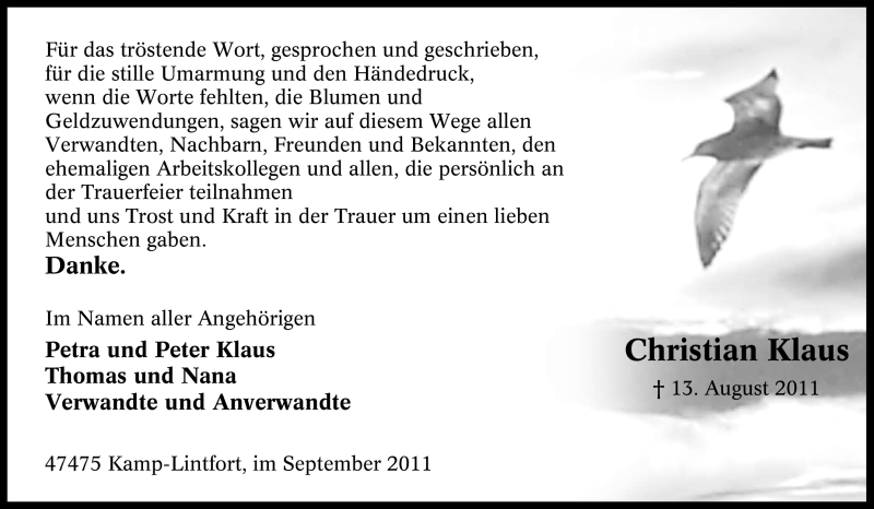  Traueranzeige für Christian Klaus vom 08.09.2011 aus Tageszeitung