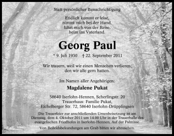 Traueranzeige von Georg Paul von Tageszeitung