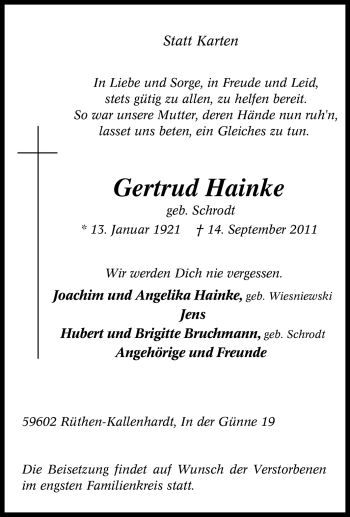 Traueranzeige von Gertrud Hainke von Tageszeitung