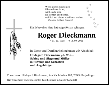 Traueranzeige von Roger Dieckmann von Tageszeitung