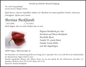 Traueranzeige von Bettina Burkhardt von Tageszeitung