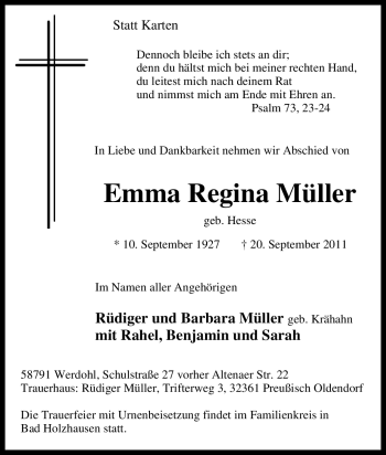 Traueranzeige von Emma Regina Müller von Tageszeitung