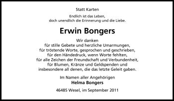Traueranzeige von Erwin Bongers von Tageszeitung