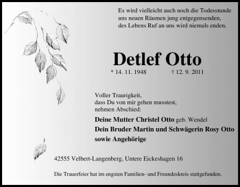 Traueranzeige von Detlef Otto von Tageszeitung