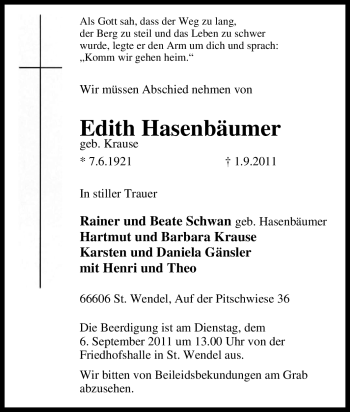 Traueranzeige von Edith Hasenbäumer von Tageszeitung