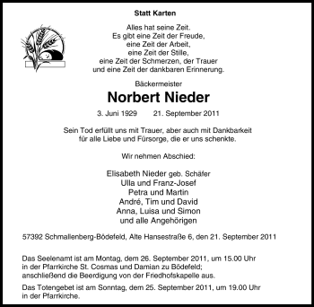 Traueranzeige von Norbert Nieder von Tageszeitung