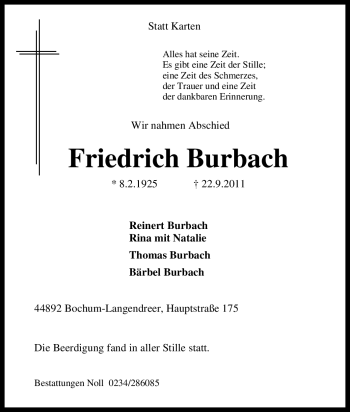 Traueranzeige von Friedrich Burbach von Tageszeitung