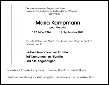 Traueranzeige von Maria Kampmann von Tageszeitung