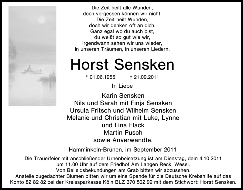  Traueranzeige für Horst Sensken vom 27.09.2011 aus Tageszeitung