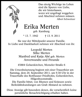 Traueranzeige von Erika Merten von Tageszeitung