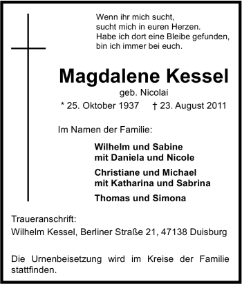 Traueranzeige von Magdalene Kessel von Tageszeitung