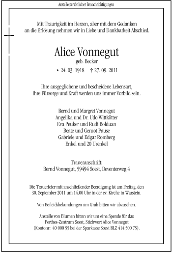 Traueranzeige von Alice Vonnegut von Tageszeitung