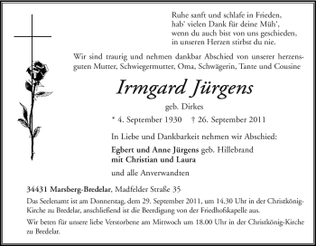 Traueranzeige von Irmgard Jürgens von Tageszeitung