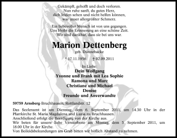Traueranzeige von Marion Dettenberg von Tageszeitung